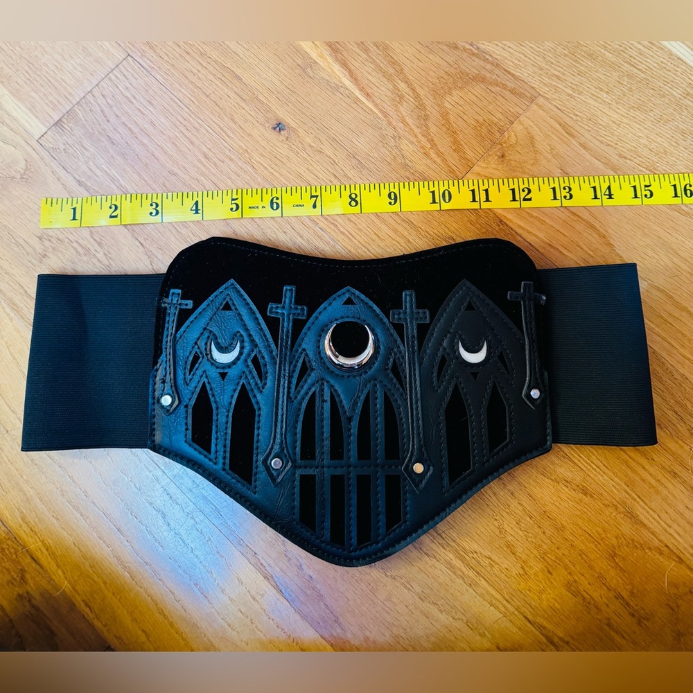 Black Gothic Waist Belt/Cincher with Zipper. Gothic Moon and Cross Accents